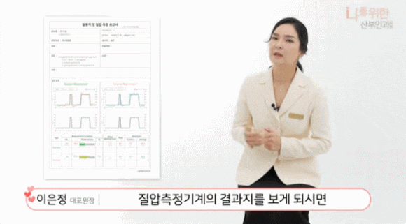 질압 측정 결과지의 볼륨·압력 그래프를 설명하는 영상 장면