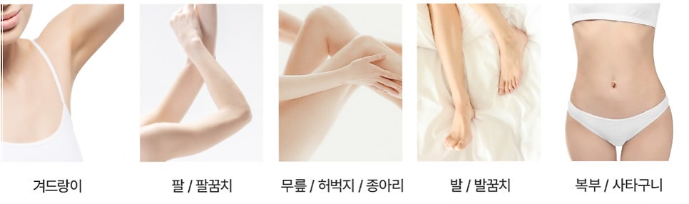 겨드랑이·팔(팔꿈치)·무릎(허벅지·종아리)·발(발꿈치)·복부(사타구니) 5개 신체 부위 사진과 각 부위명 라